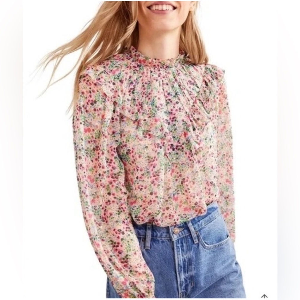Boden Floral Puff-Sleeve Ruffled Neck Blouse - Pink Multi